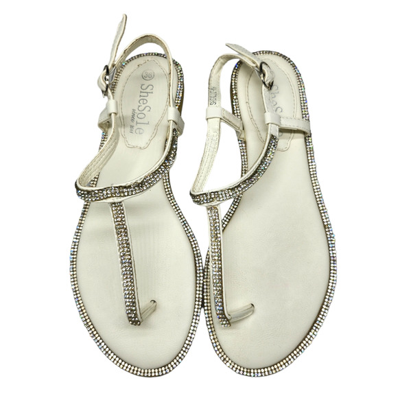 White Sparkly Sandals Rhinestones Embellished Dressy Thong Ankle Strap Womens 36 - Picture 7 of 12